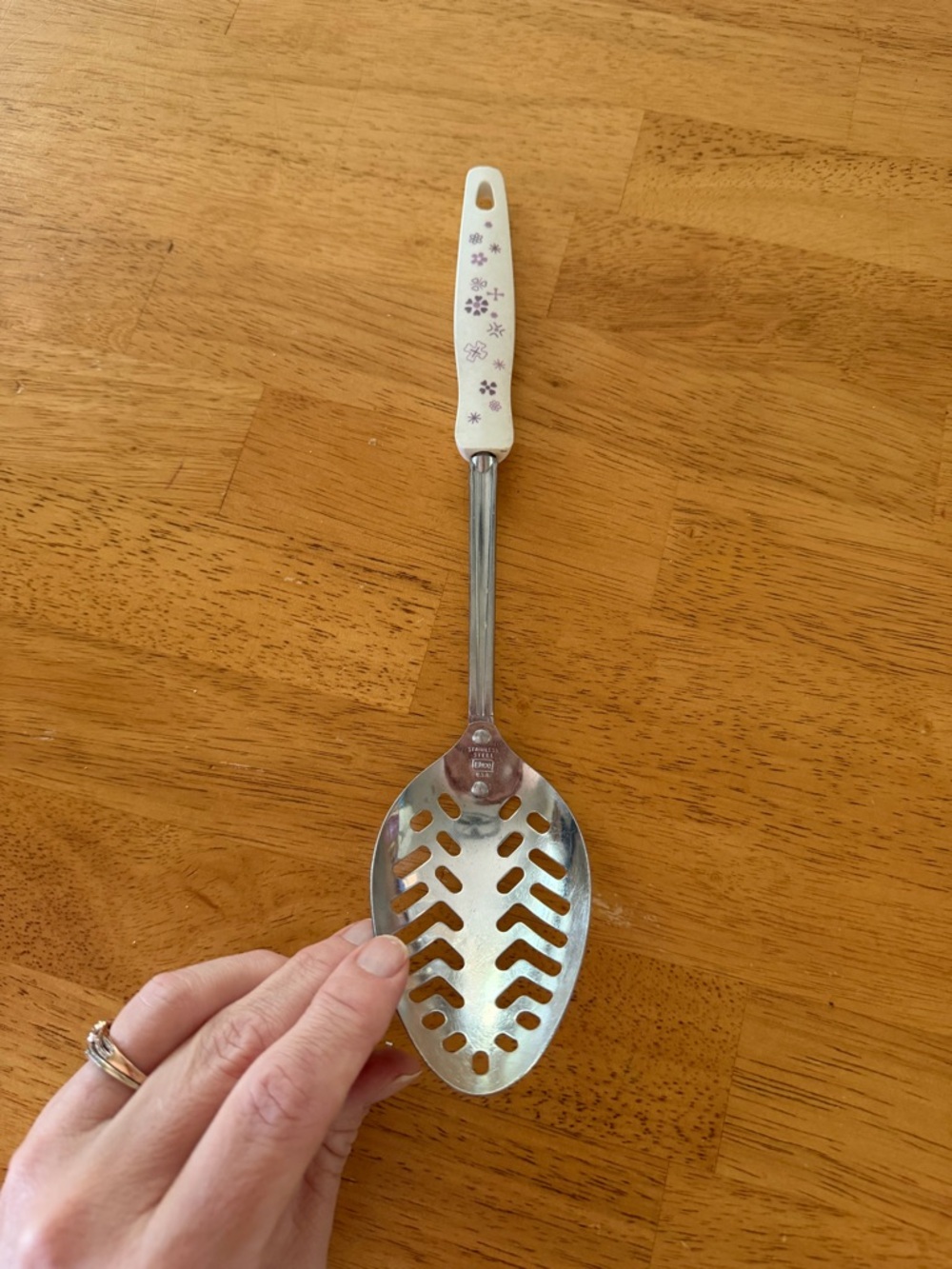 Vintage Stainless Steel Slotted Serving Spoon Floral Handle Retro Kitchen Utensi